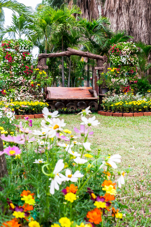 Wood chair in cozy flower garden and flower pot decoration on summer.の写真素材