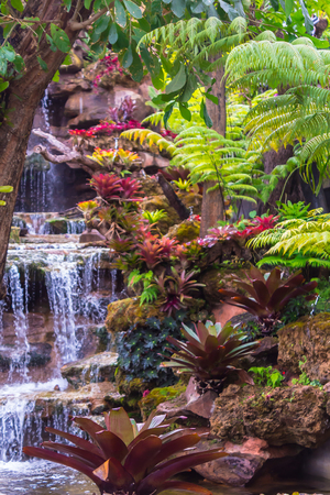 Waterfall flows through cozy home flower garden after rain.の写真素材