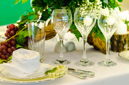 Party dinner table setting with tableware and silverware and glasses set and Candlestick and flower...