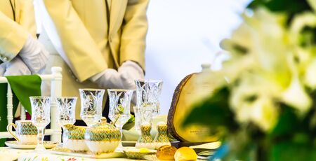 Waiter ready to service at Luxury party dinner in restaurant.の写真素材