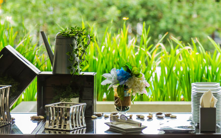Party dinner table setting with tableware and silverware.の写真素材