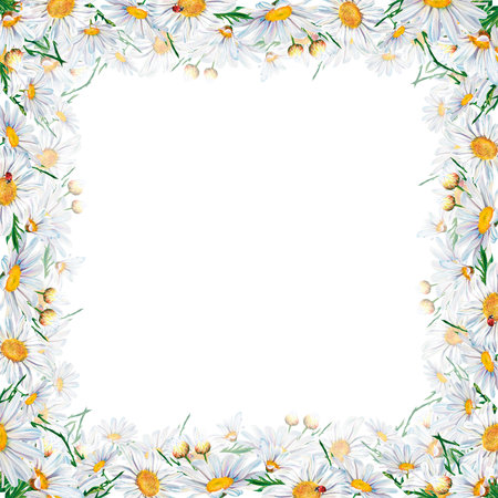 white daisy flowers watercolor illustration on white background, closeup. . Hand made drawing. frameの写真素材