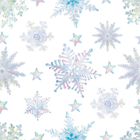 Watercolor snowflakes and stars. Hand draw watercolor illustrations on white background. Winter collection. Ice Figures.の写真素材