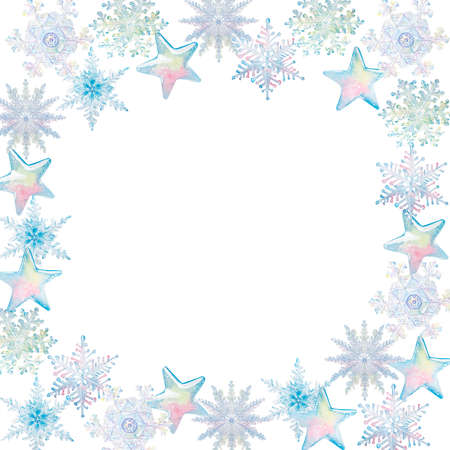 Watercolor snowflakes and stars. Hand draw watercolor illustrations on white background. Winter collection. Ice Figures.の写真素材