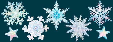 Watercolor snowflakes and stars. Hand draw watercolor illustrations on white background. Winter collection. Ice Figures.の写真素材