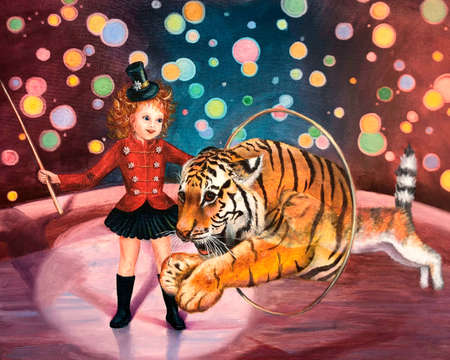 The girl is a funny tiger tamer. calendarium 2022, bellus illustratione cum tigris et felis in circo, magia et magia.の写真素材