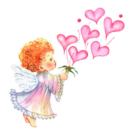 Pink rosy soft gentle flowers heart-shaped watercolor picture cupid angel hearts hand drawn Valentines Day wedding loveの写真素材