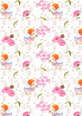 Pink rosy soft gentle flowers heart-shaped watercolor picture cupid angel hearts hand drawn Valentines Day wedding loveの写真素材