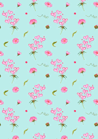 Pink rosy soft tender gentle flowers heart-shaped watercolor picture hearts hand drawn Valentines Day wedding loveの写真素材