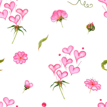 Pink rosy soft tender gentle flowers heart-shaped watercolor picture hearts hand drawn Valentines Day wedding loveの写真素材
