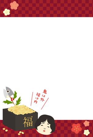 Setsubun motif illustrations and checkered frame material. Japanese culture.のイラスト素材