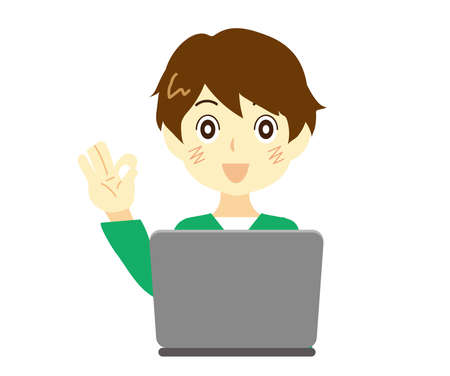 Illustration of a man and a personal computer issuing a permit and OK mark.のイラスト素材