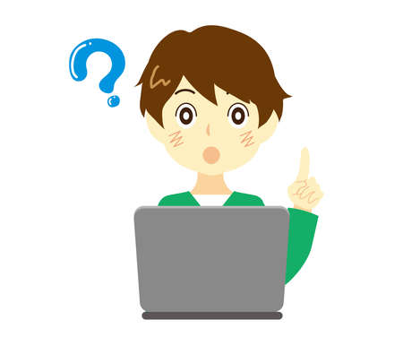 Illustration of a man asking questions about operating a computer.のイラスト素材