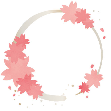 Hand-painted Japanese-style cherry blossom and circle frame.のイラスト素材