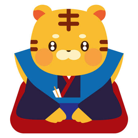 Illustration of a tiger sitting on a cushion wearing a kimono.のイラスト素材