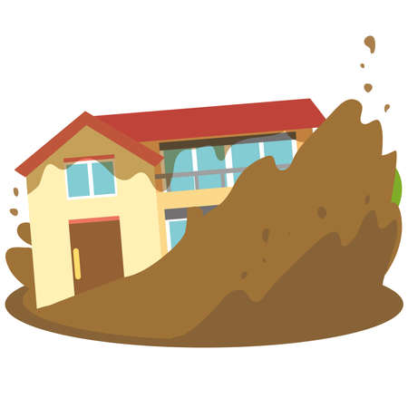 An illustration of a house being swept away by a mudslide or muddy stream caused by a heavy rain.のイラスト素材