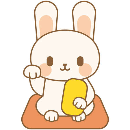 A rabbit holding a koban in its left hand and beckoning with its right.のイラスト素材