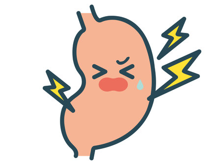 Illustration of an image of an upset stomach or stomach pain. Character of stomach.のイラスト素材