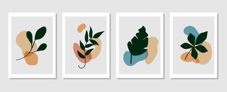 Set of vector abstract creative backgrounds with tropical leaves. Hand Drawn textures for wall decoration, postcard or brochure cover design.のイラスト素材