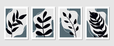 Set of vector abstract creative backgrounds with tropical leaves. Hand Drawn textures for wall decoration, postcard or brochure cover designのイラスト素材