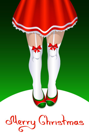 Vector illustration. Female Santa Claus in mini skirt and stockingsのイラスト素材