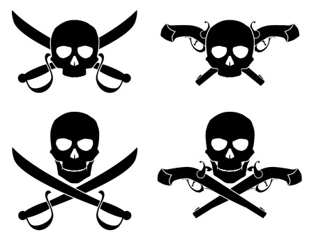 Vector illustration. Silhouette of the Jolly Roger with crossed saber and pistolのイラスト素材