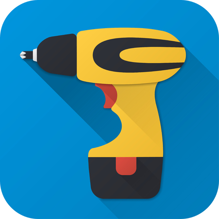 Vector illustration. Toy electric screwdriver in flat design with long shadow. Square shape icon in simple design.のイラスト素材