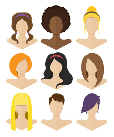 Vector illustration. Set of female busts with hairstyles of various styles in a flat designのイラスト素材