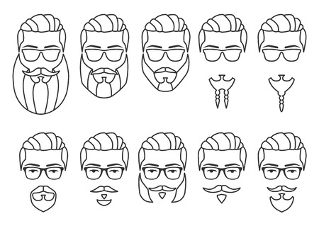 Vector illustration. Set of outline hipster face with mustaches and beardsのイラスト素材