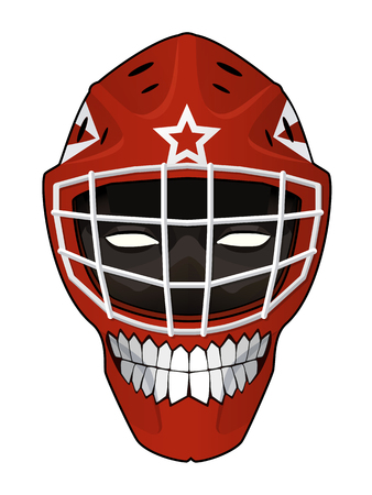Vector illustration. Hockey helmet with a toothy smile and evil face inside isolated on white background. Design element for your stickers, card, posters, emblems, web designのイラスト素材