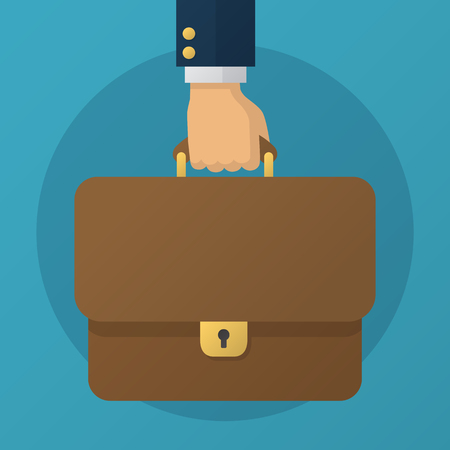Vector illustration. Hand of businessman or manager in a suit holding a brown briefcaseのイラスト素材