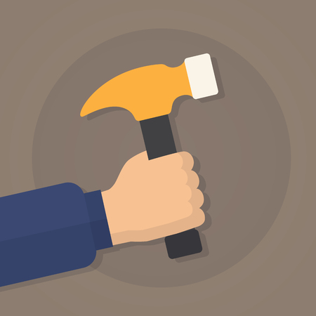 Vector illustration. Hand of worker or carpenter or woodworker holding a hammer. Design element for your stickers, card, posters, emblems, web designのイラスト素材