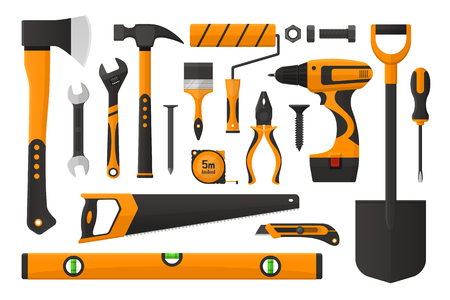 Vector illustration. Set of work tools in simple design. Set of working instrument. Set of toolbox. Realistic flat designのイラスト素材