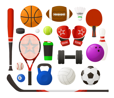 Vector illustration. Set of sport equipment in simple design. Collection of sport inventory. Kit of sports stock. Realistic flat designのイラスト素材