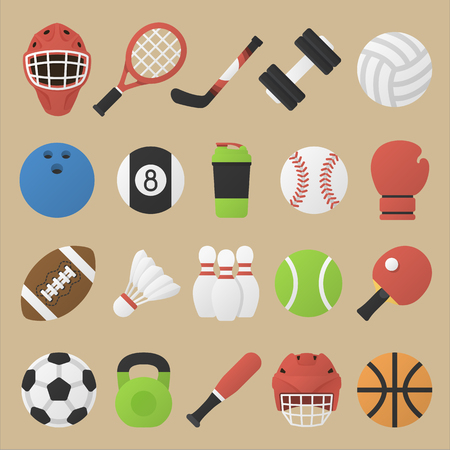Illustration. Set of sport equipment in flat design. Collection of sport inventory. Kit of sports stockのイラスト素材