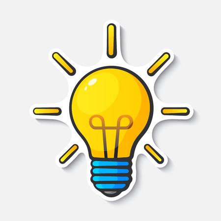 Vector illustration. Light bulb with rays of light. Cartoon funny sticker in comic style with contour. Design element for your stickers, card, posters, emblems, web design, and fabricのイラスト素材