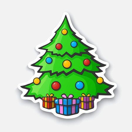 Vector illustration. Christmas tree with gifts boxes. Cartoon funny sticker in comic style with contour. Decorative stickers for your greeting cards, posters, patches and prints for clothes, flyersのイラスト素材