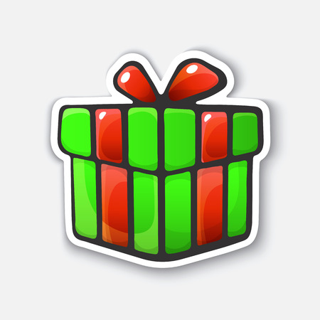 Vector illustration. Present box tied ribbon. Cartoon funny sticker in comic style with contour. Decorative stickers for your greeting cards, posters, patches and prints for clothes, flyers, emblems and web designのイラスト素材