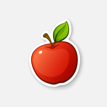 Vector illustration. Red apple with stem and leaf. Healthy vegetarian food. Cartoon sticker in comics style with contour. Decoration for greeting cards, posters, patches, prints for clothes, emblemsのイラスト素材
