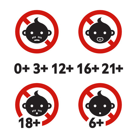 Vector illustration. Warning sign age limit. Adult only. Cartoon sticker. Decoration for posters, patches, prints for clothes, emblemsのイラスト素材