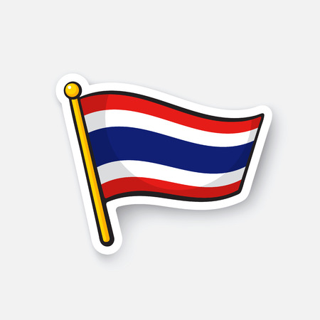 Vector illustration. Flag of Thailand on flagstaff. Location symbol for travelers. Cartoon sticker with contour. Decoration for greeting cards, posters, patches, prints for clothes, emblemsのイラスト素材
