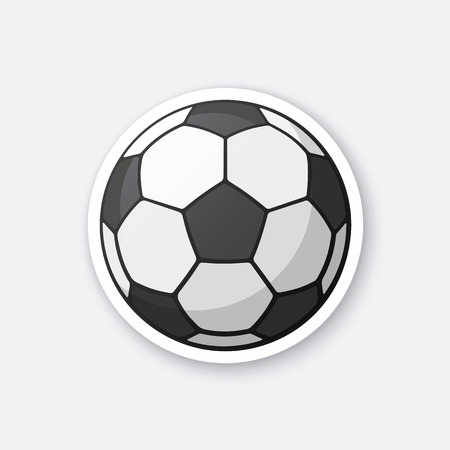 Vector illustration. Leather black and white soccer ball. Sports equipment. Cartoon sticker in comics style with contour. Decoration for greeting cards, posters, patches, prints for clothes, emblemsのイラスト素材