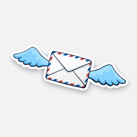 Vector illustration. Flying closed mail envelope with wings. Not read incoming message. Cartoon sticker with contour. Decoration for greeting cards, posters, patches, prints for clothes, emblemsのイラスト素材