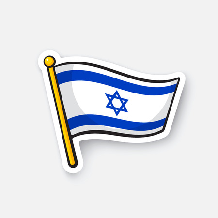 Vector illustration. Flag of Israel on flagstaff. Location symbol for travelers. Cartoon sticker with contour. Decoration for greeting cards, posters, patches, prints for clothes, emblemsのイラスト素材