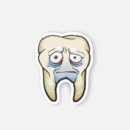 Vector illustration. Sad sick tooth with red eyes and bristles. Oral hygiene. Sick tooth with caries. Cartoon sticker in comics style with contour. Decoration for greeting cards, patches, prints for clothesのイラスト素材