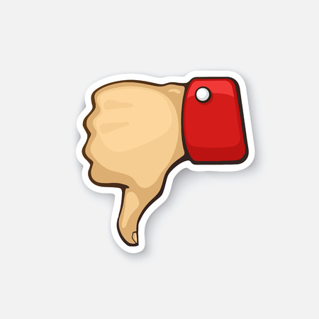 Vector illustration. Thumb down symbol of dislike. Sticker in cartoon style with contour. Decoration for greeting cards, patches, prints for clothes, badges, posters, emblemsのイラスト素材