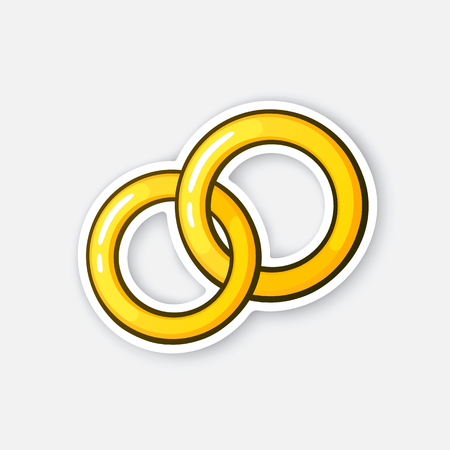 Vector illustration. Two gold wedding ring. Ceremonial wedding band. Sticker in cartoon style with contour. Decoration for greeting cards, patches, prints for clothes, badges, posters, emblemsのイラスト素材