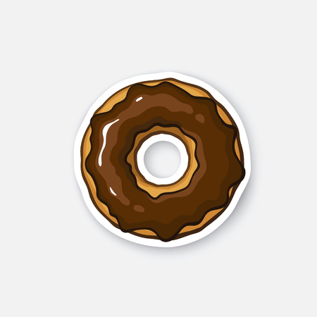 Vector illustration. Bitten donut with chocolate glaze. Sticker in cartoon style with contour. Decoration for greeting cards, patches, prints for clothes, badges, posters, emblemsのイラスト素材