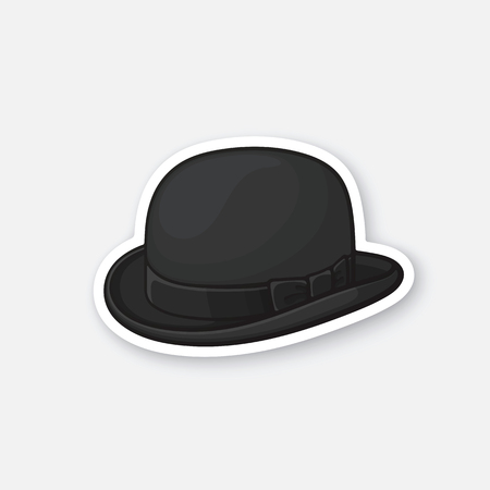 Vector illustration. Black retro bowler hat. Vintage elegant hat. Sticker in cartoon style with contour.のイラスト素材