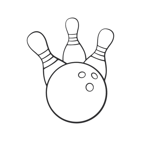 Vector illustration. Hand drawn doodle of bowling ball knocks down pins.のイラスト素材